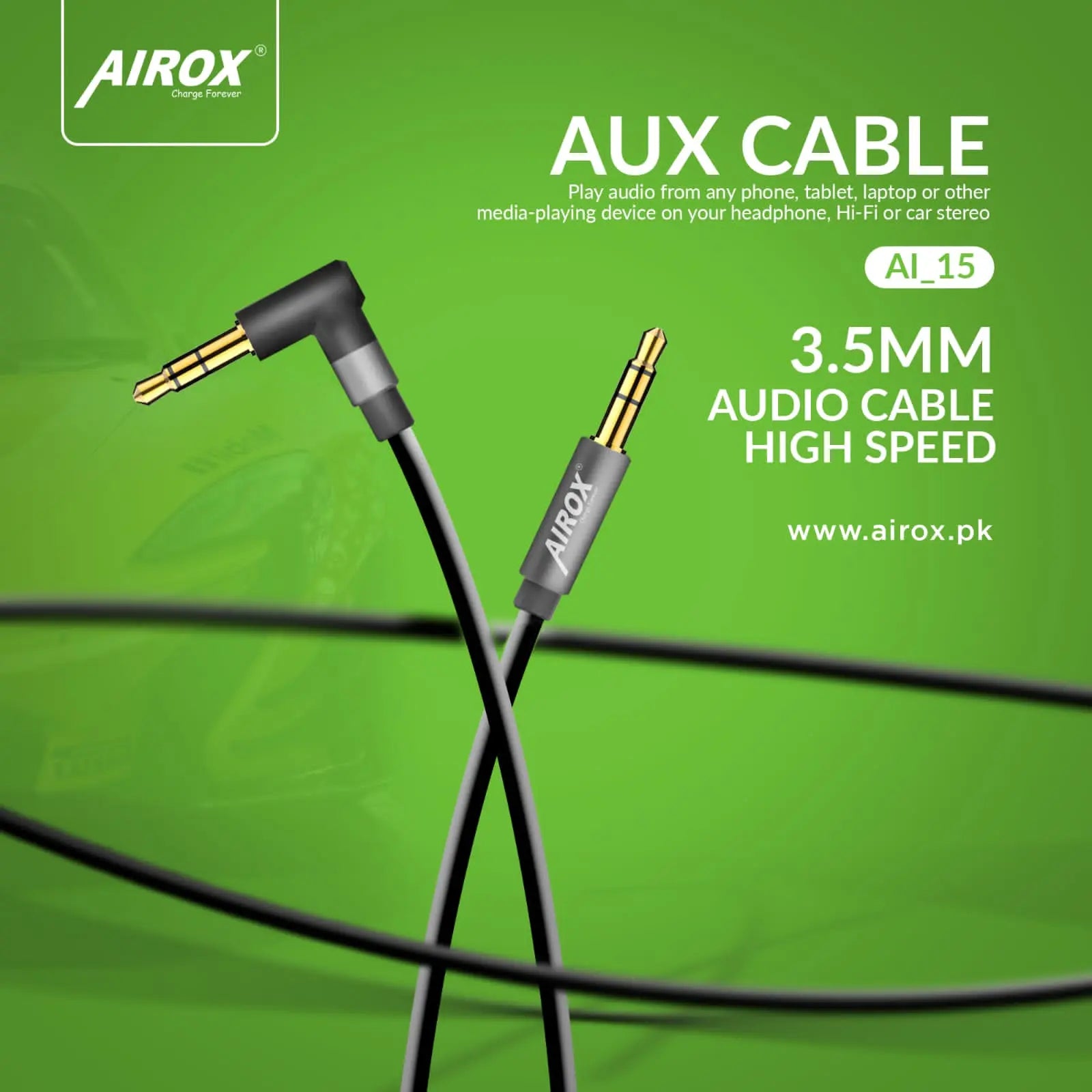 Airox High Quality Aux Cable || Male to Male For Headphones, Speakers & multimedia highly durable - Airox.pk